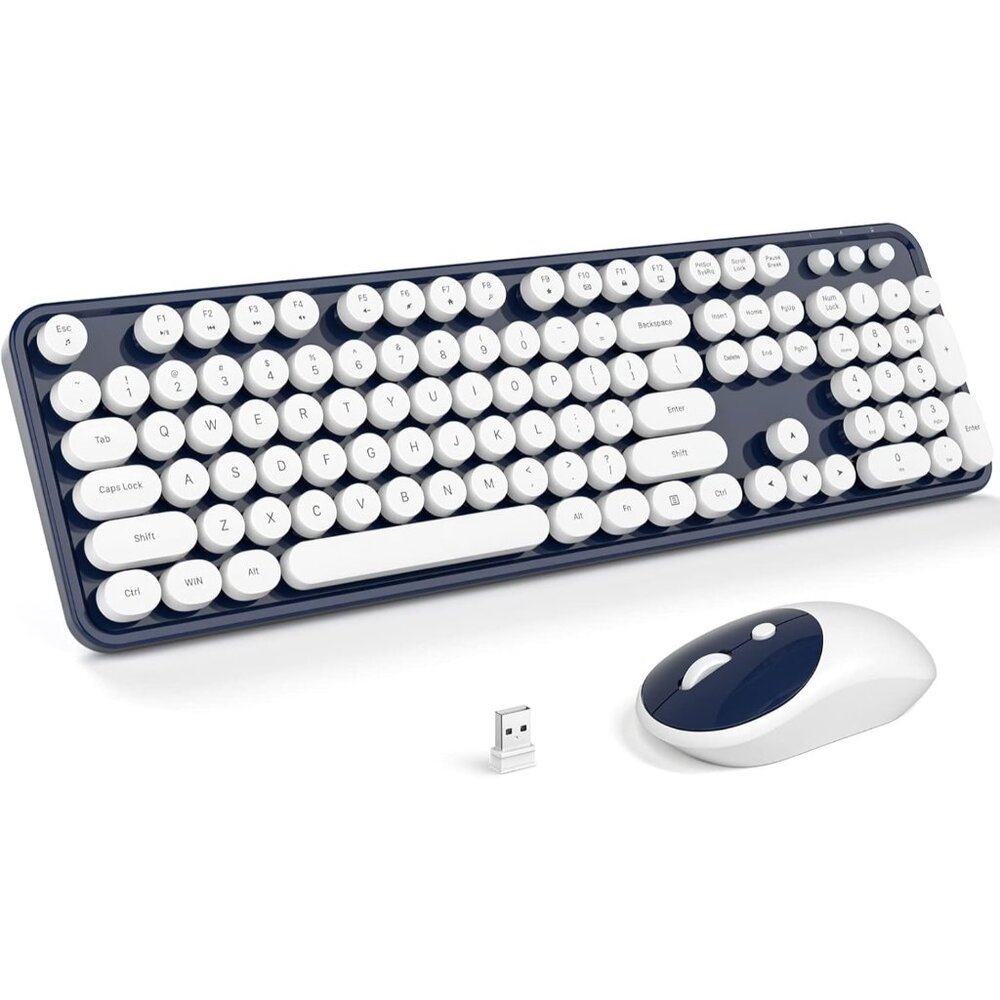 Wireless Keyboard and Mouse Combo - White-DarkBlue Full-Sized 2.4 GHz 104 Keys T
